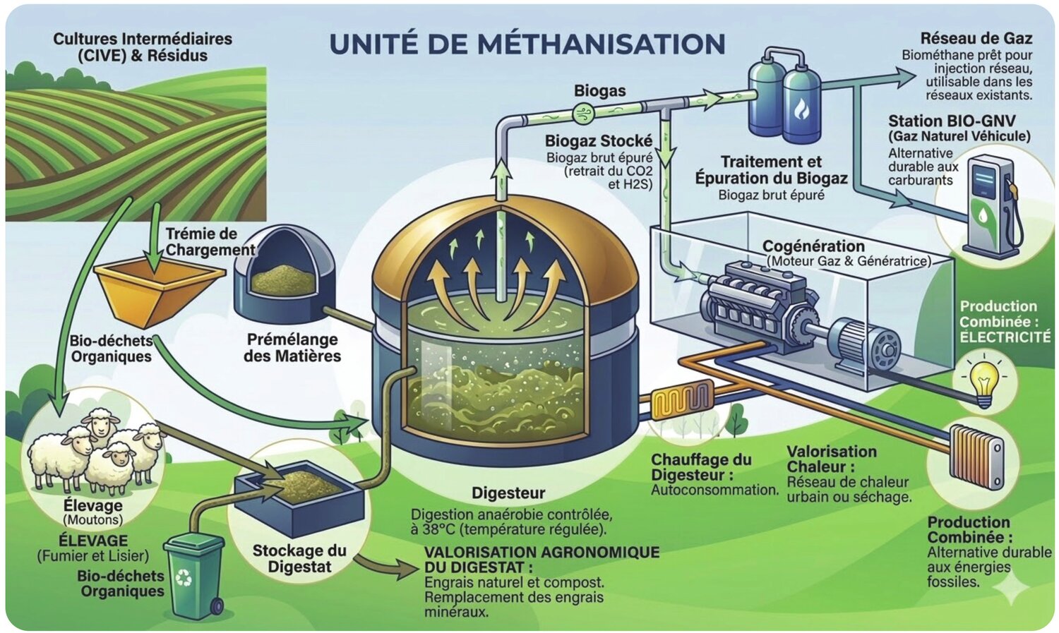 Schéma d'une unité de méthanisation : les intrants organiques (résidus agricoles, fumier, bio-déchets) entrent dans le digesteur, qui produit du biogaz (valorisé en électricité, chaleur, gaz réseau ou carburant) et du digestat utilisé comme engrais.